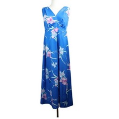 VTG Hilo Hattie Blue Floral Hawaiian Maxi Dress Women’s 14 Sleeveless V-Neck