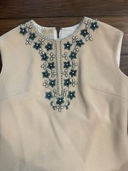 1960s Lily Lee Cream Sheath Dress Rhinestones Green Beaded Shift Size 8