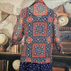 Vintage 1970s Blouse Top Shirt Red White Blue Bandana Print Pointed Collar