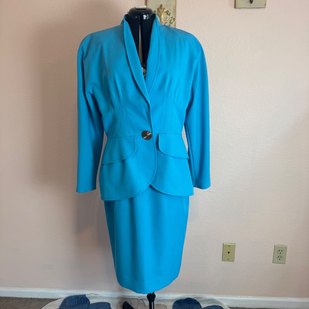 80s Power Suit vibrant turquoise vintage skirt suit vtg Sz 14 (Med) NWT