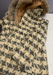 Vtg 70s Rothmoor Tapestry Tweed Wool Coat Fur Collar Ivory Classic Retro No Tag