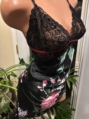 Satin Soft Black Chantilly Lace Bodice Nightie Gown Babydoll Nightgown XL
