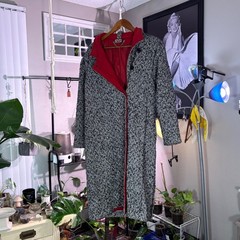 Vintage New York Girl Herringbone Long Coat Black White Red Lining Size 14 USA