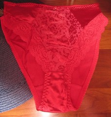 VTG MISS ASTOR glossy RED stretch nylon LACE insert MEGA HI leg panties XL /8