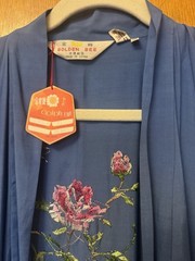 Vintage NOS Golden Bee Blue Kimono Style Robe Embroidered Butterfly Floral Large