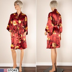 Vintage KRISTINE TYLER Intimates OSFA Floral Satin Kimono Robe Maroon Belted USA