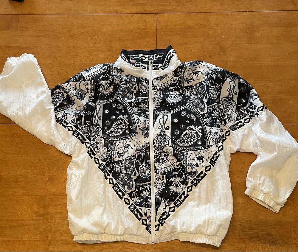 Vintage 90s Windbreaker Track Jacket Basic Editions Women’s L Large White Black