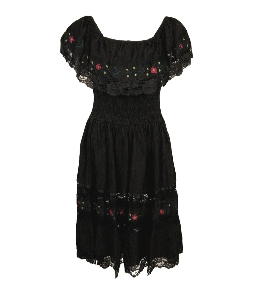 Vintage 1970s Mexican Black Peasant Dress Flounce Lace Neckline Floral Embroider