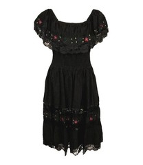 Vintage 1970s Mexican Black Peasant Dress Flounce Lace Neckline Floral Embroider