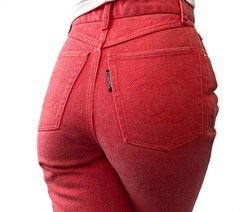 CHANEL Vintage CC Mark Logo Half Pants #36 Red Gold Cotton Button Stitch