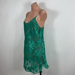 California Dynasty Green Embroidered Negligee Vintage Sexy Satin Gown Sz L Jade