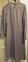 c1970s LESLIE FAY PALE BROWN DRESS WHITE TRIM SZ 14? ILGWU USA-MADE LABEL VG CND