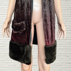 Vintage 70s Duster Vest – Ombré Velvet Fur Trim Long Vest – Hippie Glam Rock S