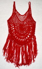 Vintage Crocheted Tank Top Size S/M 70s Cherry Red Silky Thread Long Fringe