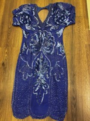 VTG Swee Lo Silk Bead Sequin Blue 100% Silk Cocktail Evening Dress Medium 80s