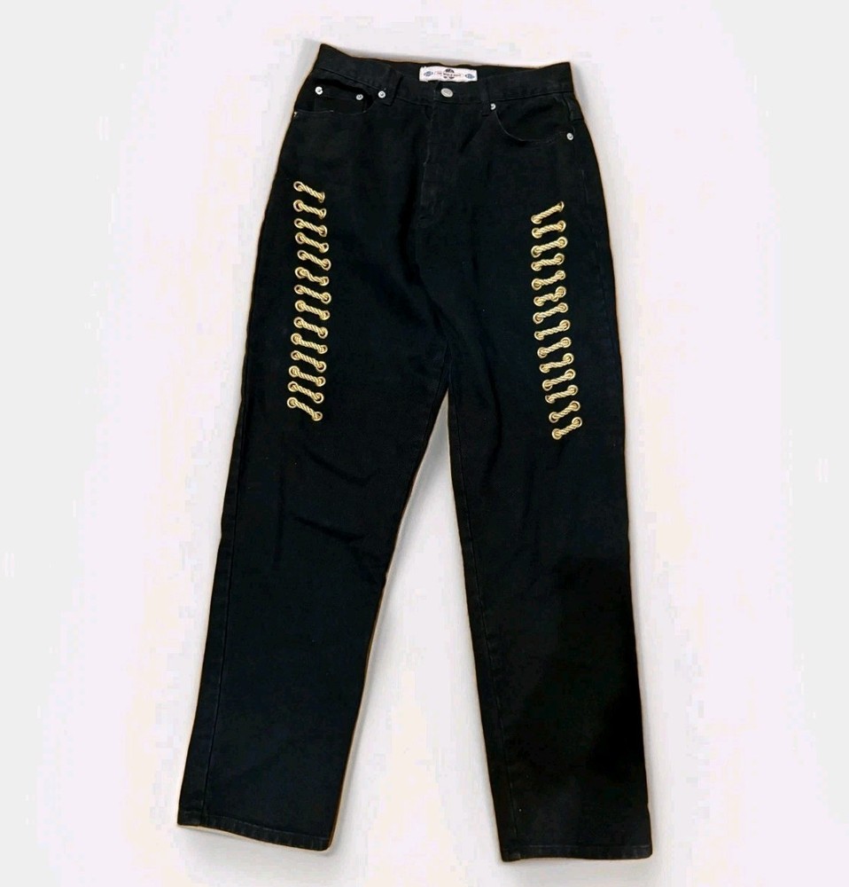 Vintage BWB Women 9 Black Jeans Gold Lace Grommet Military Style 100% Cotton Y2K