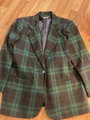 Vintage *Savannah* Blazer WOOL 12P Padded Shoulders BlueGreen Plaid