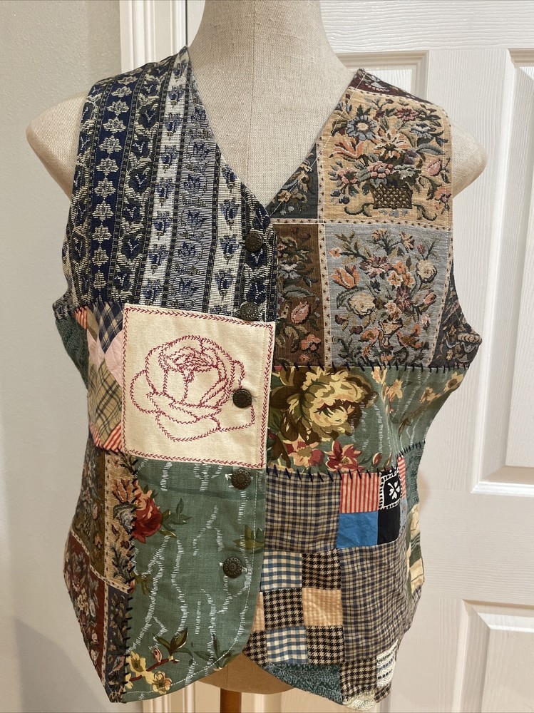 Vintage River Wearable Art vest Patchwork Floral Plaid 100% Cotton Lined M nwts