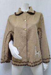 Vintage 1970s Embroidered Wool Button Front Cape Poncho with Llamas Peru