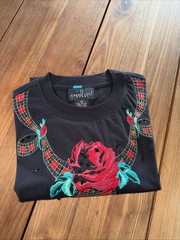 CAROLE LITTLE Black Knit Top Sz S Red Rose Embroidery Sequins LS