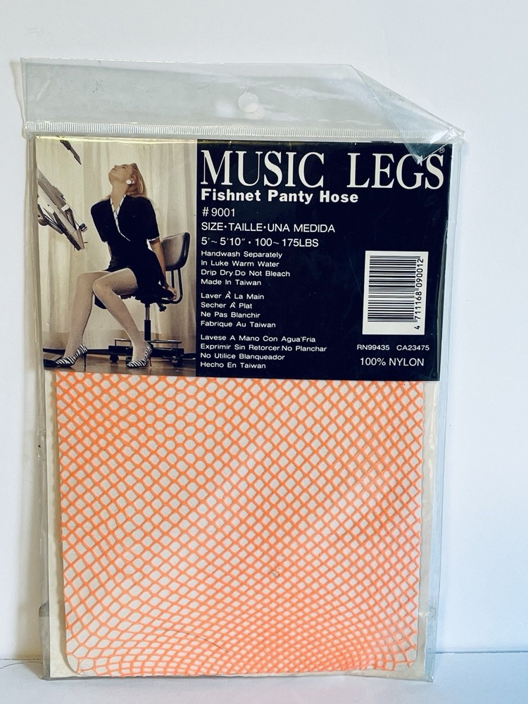 VTG 80s Neon Orange Fishnet Tights Stockings 5’-5’10” 100-175 lbs 100% Nylon NEW