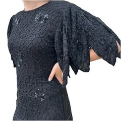 Vintage Frank Usher Black Silk Beaded & Sequin Dress Hand Woven M. Whimsigoth