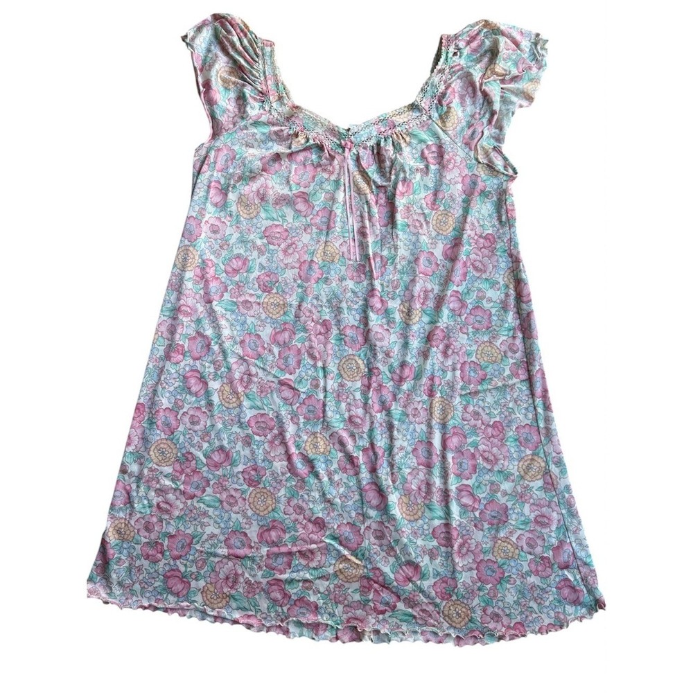 Vintage Vanity Fair Floral Nightgown Pink Blue Lace Trim Made in USA Medium