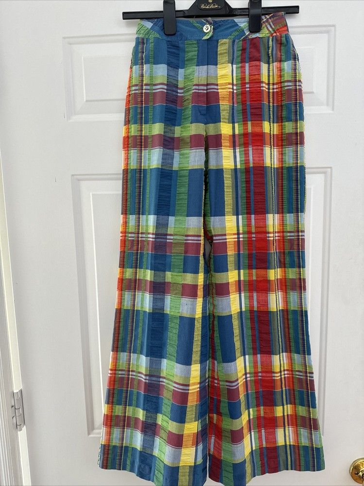 70s Vintage Patty Woodard Plaid Seersucker Bell Bottom Wide Leg Pants – XS/S