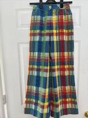 70s Vintage Patty Woodard Plaid Seersucker Bell Bottom Wide Leg Pants – XS/S
