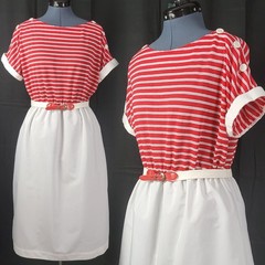 Vintage Boatneck Blouson Dress w Red & White Striped Bodice & White Skirt Size L
