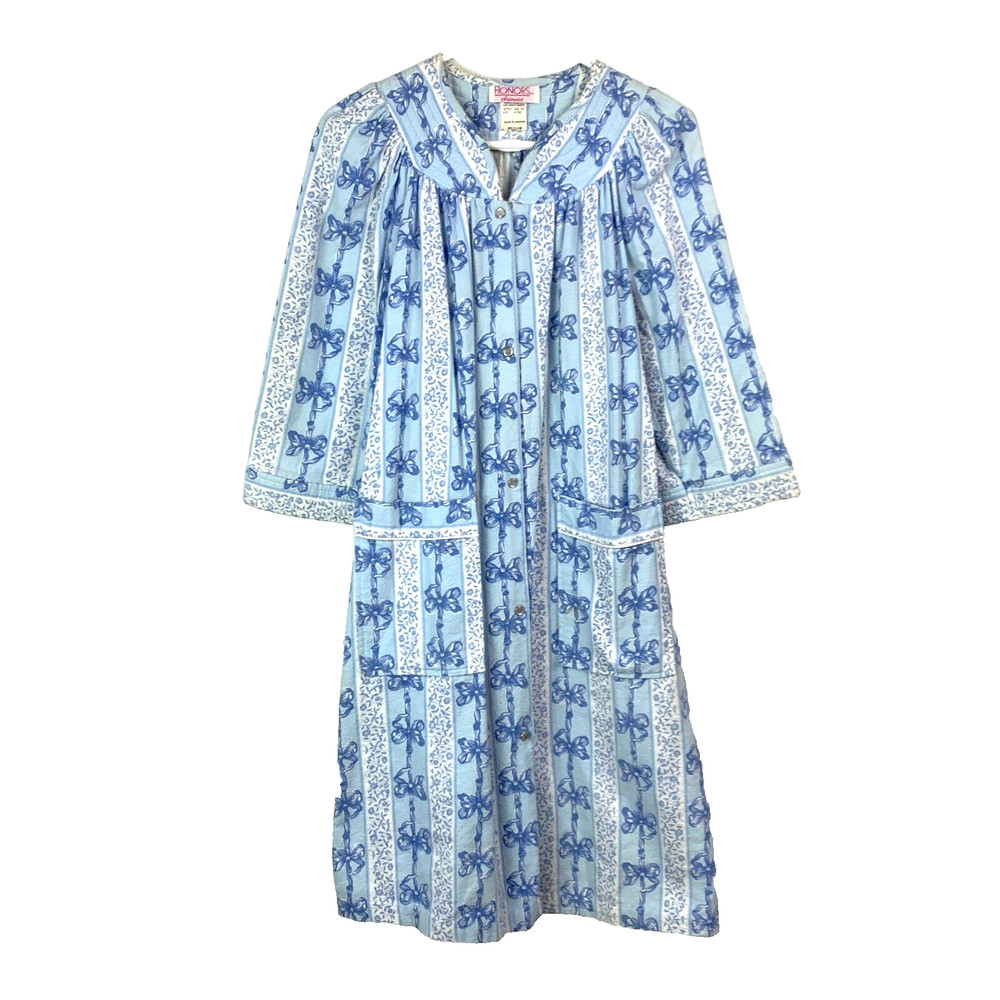 Vintage 90s Honors Intimates Floral Blue Flannel Nightgown Robe Medium