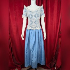 True Vintage 70’s House of Bianchi Blue & White Crochet Floral Lace Bodice Gown