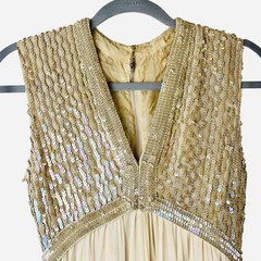 Vintage 50s Fred Perlberg Chiffon Party Dress Sequin Sleeveless Beige Nude READ