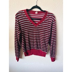 Vintage 80s Red Grey Striped Velour V-Neck Pullover Top Womens Small Singapore