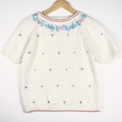 Vintage Floral Embroidered Knit Sweater Cream S/M Cottagecore Grandma Feminine