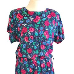 Vintage 80s Blouson Maxi Dress Blue Floral Size Medium Pockets Cottage Core