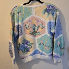 Bryn Connelly Vintage Pastel Floral Patchwork Knit Sweater Cottagecore Crewneck