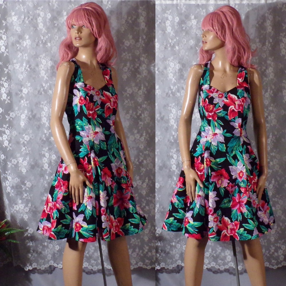 Vintage 80s Floral Halter Dress Size Medium 1980s Retro Rockabilly Summer Party