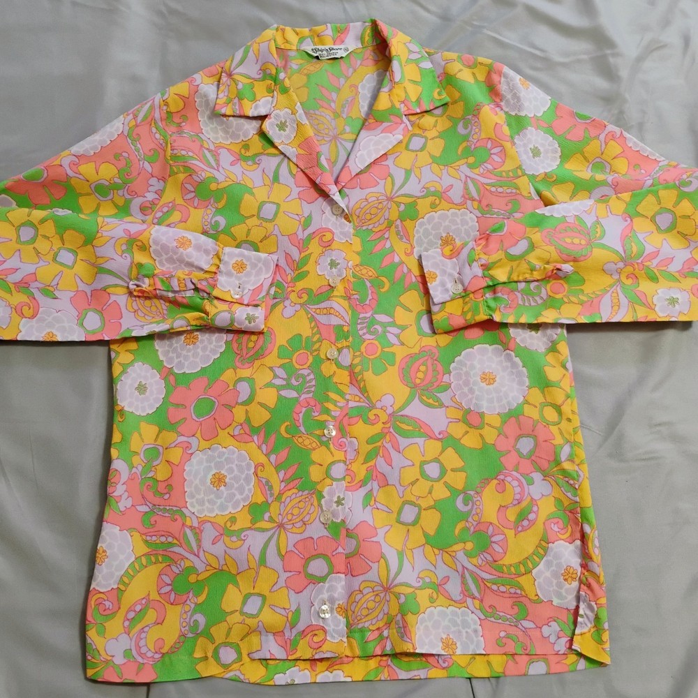 Vintage Ship ‘n Shore Retro Flower Power Blouse Yellow Pink Green Floral Small
