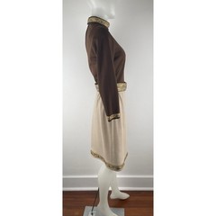Vintage 60s/70s Homemade Brown Knit Belted Knee Length Dress Retro Trim Medium