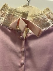 Vintage 60s Pink Shift Dress Cream Venise Lace Collar Mod Mini Covered Buttons