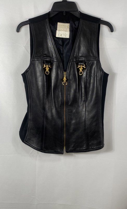 Vintage 90s Alberto Makali Cache Women’s Black Leather Wool Zip Front Vest USA