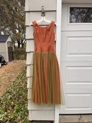 Unique! Vintage 1950s Orange Green Tulle Cupcake Prom Strapless Dress Size XS