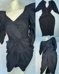 VTG 60S 70S WOMENS S BLACK TAFFETA PROM PARTY COCKTAIL WIGGLE BOW DRESS