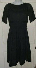 L’AIGLON Black Linen Full pleated pocket Skirt Dress S Vintage 60s