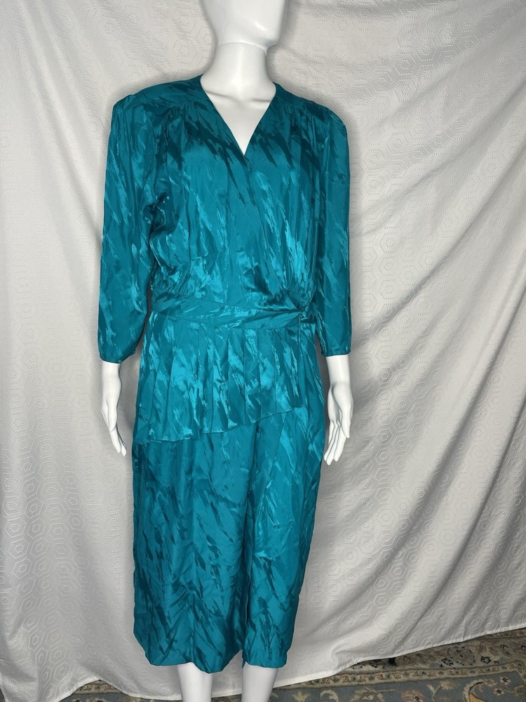 Vintage 80s Johnathan Martin Silk Wrap Dress Peplum Teal Turquoise 10