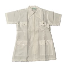 Vintage 1970s White Zip Front Safari Blouse Shirt Short Sleeve Medium ^