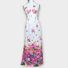 Vintage Hawaiian Bark Cloth Floral Halter Maxi Dress Womens 10 Pink Purple White