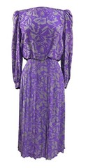 Vtg 80s Raul Blanco 100% Silk Purple & Gray Floral Pleated Dress Size 4