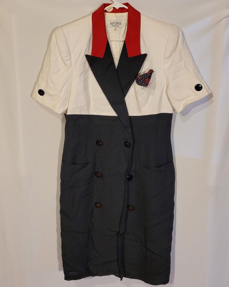 Vintage 90s Dress, White Black Red, Kasper ASL brand, Size 10